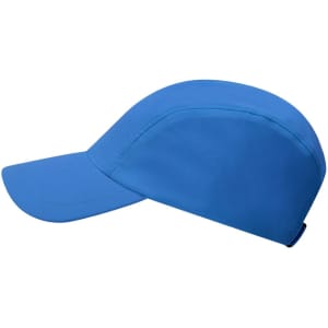 A blue cap with a curved visor and an adjustable strap at the back; features a branding logo.