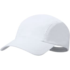 A white cap with a curved brim and an adjustable strap at the back. It features a logo on the front.