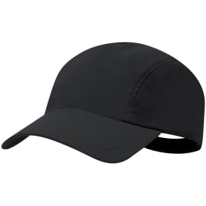 A black cap with a curved visor and an adjustable strap at the back, featuring a logo on the front.