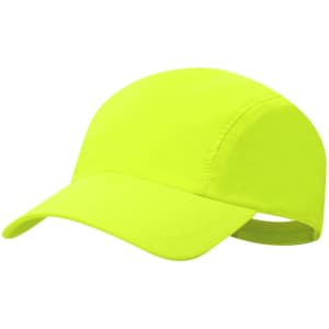 A bright yellow cap with a curved peak and an adjustable back, featuring a logo on the side.