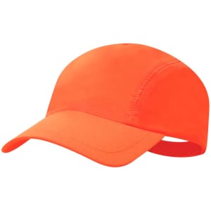 An orange cap with a curved brim and a lightweight design, featuring a logo on the side.