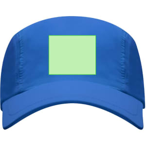 A blue cap with a square area for customization and a logo on the front.