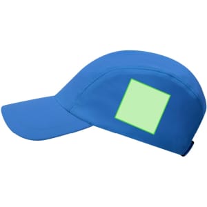 A blue cap featuring a rectangular area for branding or decoration. No visible text or logos.