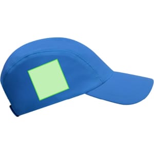 A blue cap with a flat brim and a square area on the side for branding or decoration.