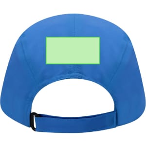 A blue cap with a flat brim and an adjustable strap, featuring a blank area for customisation.