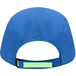 A blue cap featuring an adjustable strap at the back and a logo on the side.
