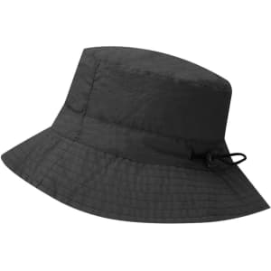 A black bucket hat with a wide brim and a drawstring for adjustment, featuring a logo on the side.
