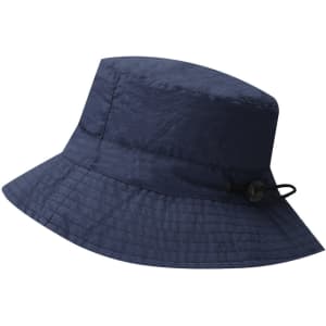 A navy bucket hat featuring a logo and an adjustable drawstring. Ideal for headwear and outdoor activities.