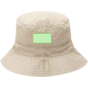 A beige bucket hat featuring a wide brim and a green label patch. It has a simple design and a lightweight fabric.