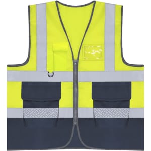 A reflective safety vest in bright yellow and navy, featuring multiple pockets and a logo.