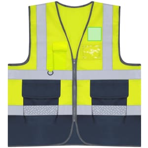 A reflective safety vest in bright yellow with navy blue accents, featuring pockets and a logo.