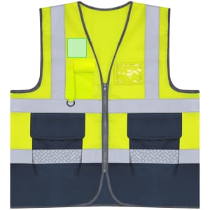 A bright yellow reflective vest with grey accents, featuring multiple pockets and a logo.