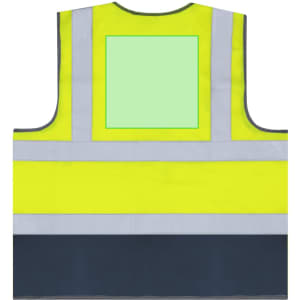 A reflective vest in bright yellow with grey stripes and a blank area for identification. It features a dark blue bottom.