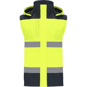 A high-visibility sleeveless parka in bright yellow and navy, featuring reflective strips and a zippered pocket.