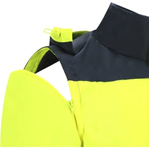 A high-visibility parka featuring a bright yellow body and a black collar. It has a zippered design and a logo.