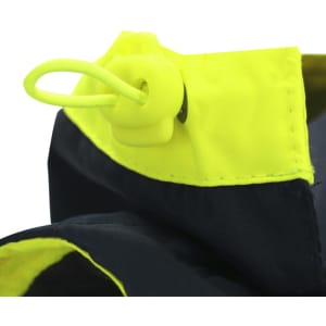 A close-up of a navy blue parka with bright yellow detailing and a toggle adjustment at the collar.