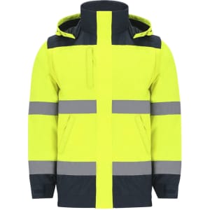 A high-visibility parka in bright yellow with navy accents and reflective grey stripes, featuring a hood and multiple pockets.