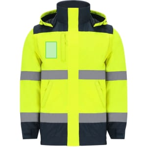 A bright yellow and navy blue parka jacket featuring reflective strips and a hood, with a front pocket and a logo.