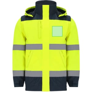 A high-visibility parka in bright yellow and navy, featuring reflective stripes and a hood. It has a plain area for branding.