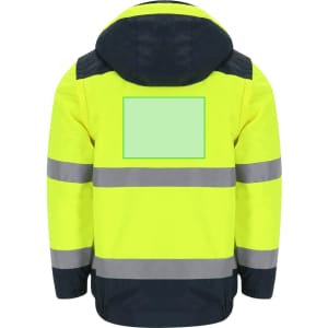 A high-visibility yellow parka with navy accents and reflective stripes. Features a blank space for branding.