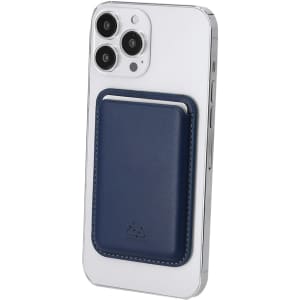 A navy card holder attached to a sleek white smartphone, featuring a simple logo on the surface.
