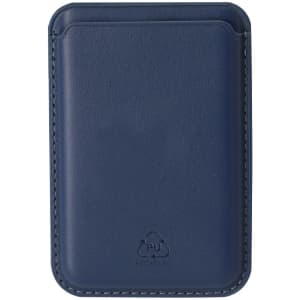 A navy blue card holder made of PU material, featuring a logo and a sleek, slim design.