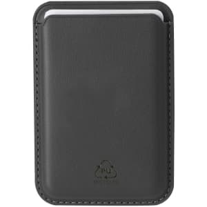 A sleek grey card holder made from recycled material, featuring a minimalist design and an embossed logo.