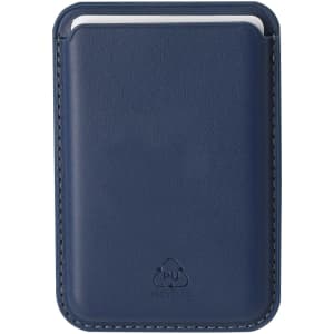 A navy card holder made of recycled PU, featuring a textured surface and a simple design. It has a logo on the front.