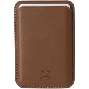 A brown leather card holder with a simple design, featuring a logo and a pocket for cards.
