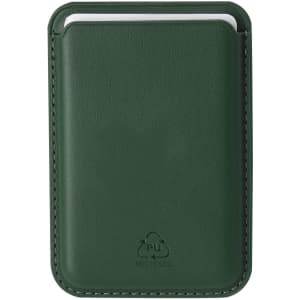A green card holder made of faux leather, featuring a simple design with a logo on the back.