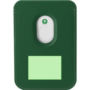 A green card holder with a slot for cards and a button mechanism, featuring a logo.