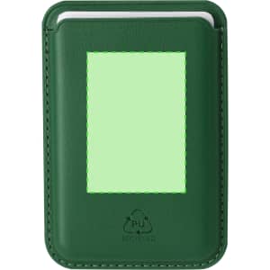 A green card holder with a clear window and stitching, featuring a logo at the bottom.