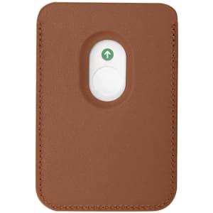 A brown leather business card holder with a white button and stitching detail, featuring a logo.