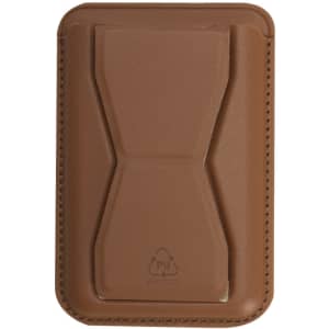 A brown Stellar Card Holder Stand made from PU leather, featuring a simple and sleek design with a logo.