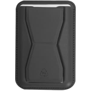 A sleek black card holder stand with a minimalist design, featuring a logo on its surface. Perfect for business cards.