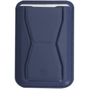A navy blue card holder stand with a textured design and a logo, suitable for holding business cards.