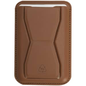 A brown card holder stand made of PU material, featuring a sleek design and an embossed logo.