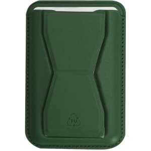 A green card holder stand with a sleek design, featuring a logo on the front. Ideal for business cards.