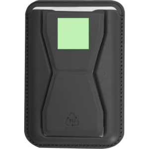 A black card holder stand with a sleek design and a green accent, featuring a logo on the front.