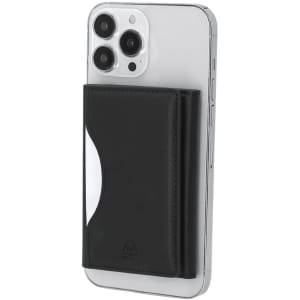 A black card holder attached to a smartphone, featuring a smooth leather finish and a logo.