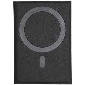 A black business card holder featuring a large circular design and a small vertical shape. It has a branding logo.