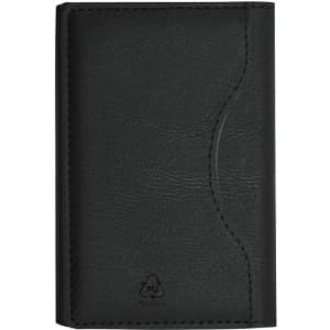 A black business card holder with a textured surface and a logo, featuring a curved design.