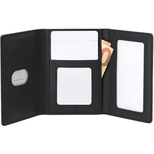 A black Enkor Card Holder opened, featuring slots for business cards and a transparent pocket for identification.