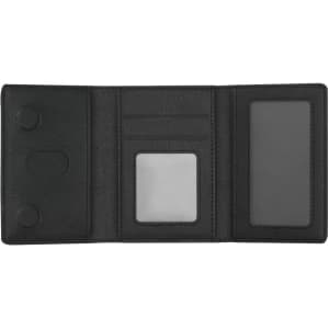 A black Enkor Card Holder featuring multiple card slots and clear ID windows, with a closed magnetic flap.