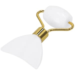 A white facial massager with a gold handle, featuring a unique triangular head design.