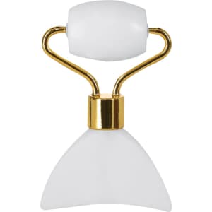 A white face massager with a gold handle, featuring a rolling and sculpting design for facial skincare.
