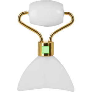 A white and gold Herbiax Face Massager featuring a rounded top and a triangular bottom for facial treatment.