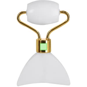 A white and gold face massager with a unique design, featuring a rounded top and a fan-shaped bottom.