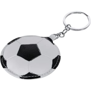 A spherical keyring designed to resemble a black and white soccer ball, featuring a metal chain and ring.