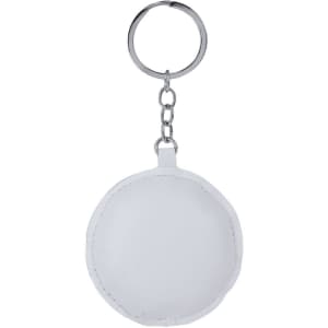 A round white keyring with a silver chain and keyring attachment, featuring a smooth surface.